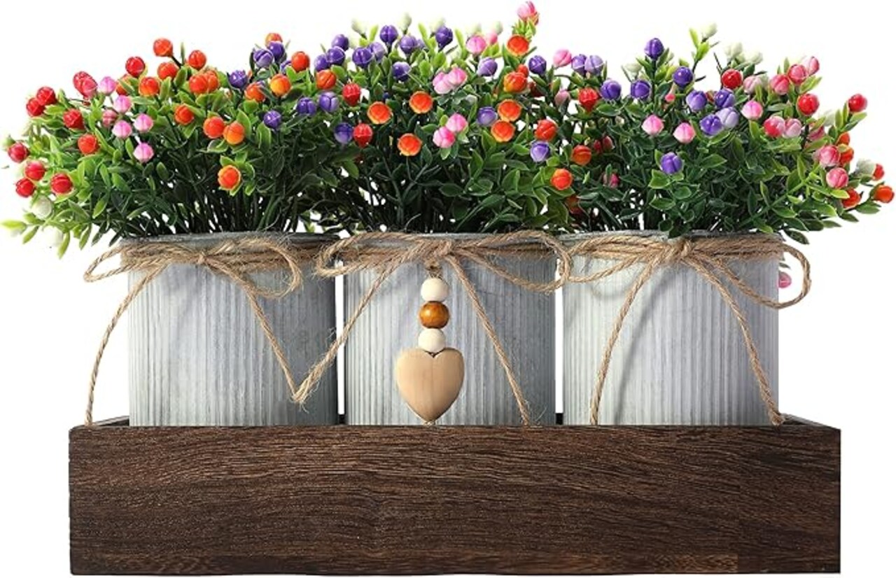 Decorative Centerpiece Wooden Tray with 3 Metal Potted Artificial Milan Flowers Rustic Country Farmhouse Décor for Dining Room, Living Room and Kitchen Table